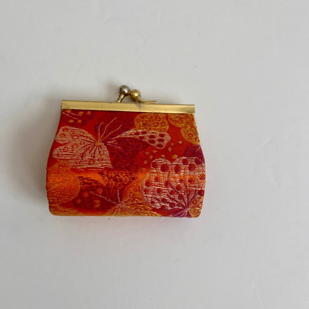 Floral Coin Purse Gold Kiss Lock Closure Orange Woven Small Change Wallet
